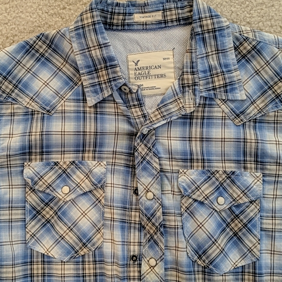 AEO Blue/White/Beige Snap Button Down Shirt - Picture 2 of 6